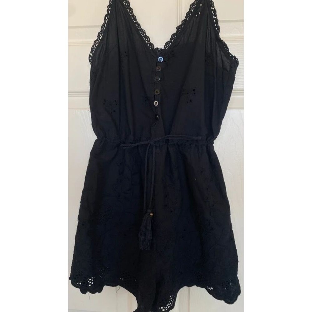 Deby Debo | Black Romantic Boho Eyelet Romper with Tassel Tie Waist | Size Small